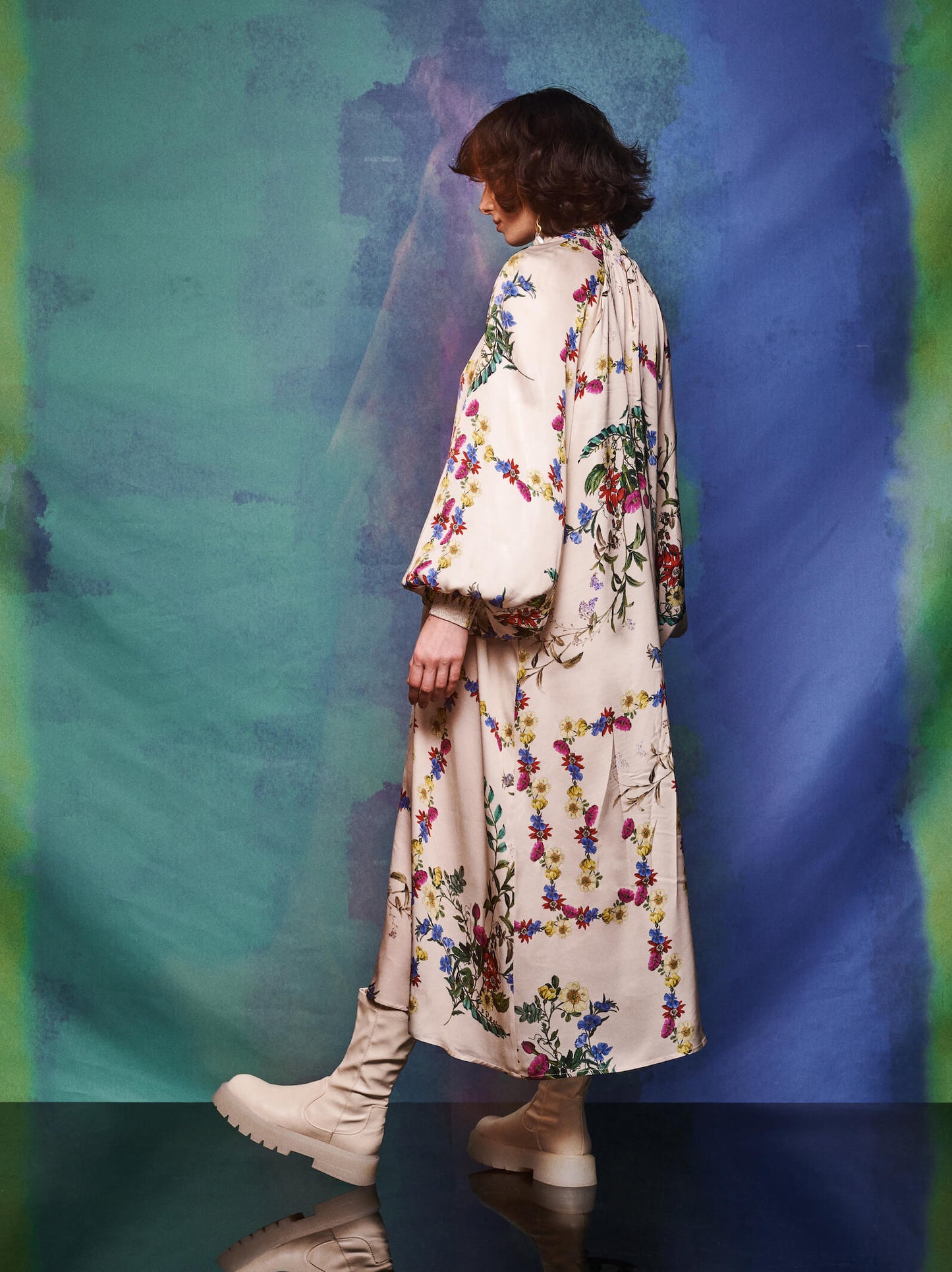 Shirred Cuff Shirred Neck Maxi Dress