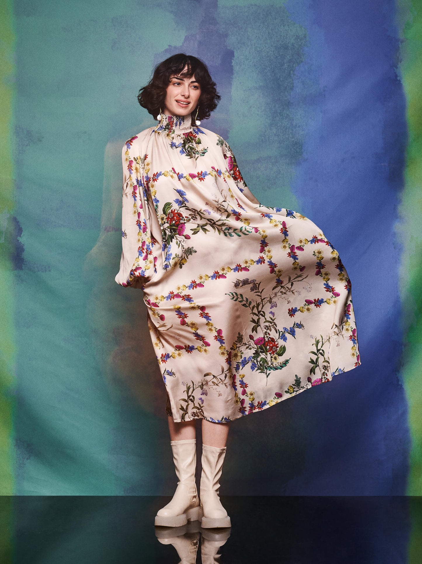Shirred Cuff Shirred Neck Maxi Dress