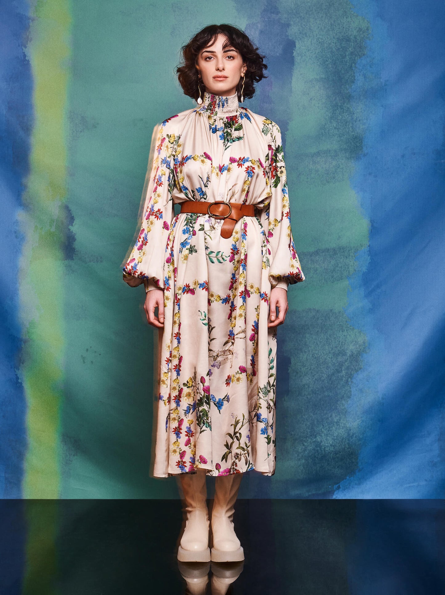 Shirred Cuff Shirred Neck Maxi Dress